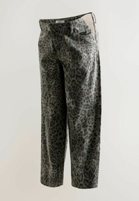 Leopard print trousers in grey and black, made from soft fabric, feature a relaxed fit and side pockets, with a button closure at the waist.