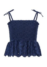 Marineblauwe peplumtop met een gesmokte bustehouder, verstelbare spaghetti bandjes en een bloemenogenrand langs de zoom. Getextureerde stof met een gelaagd ontwerp.