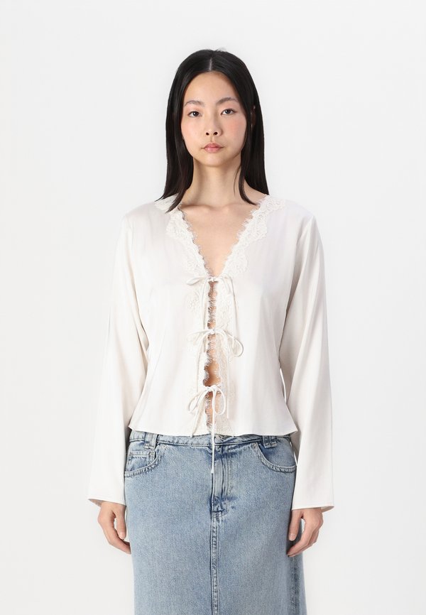 Long-Sleeve Lace-Trim Tie-Front Top - Blouse