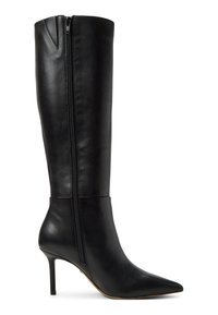 Stivale in pelle nera al ginocchio con punta affusolata e tacco a stiletto. Presenta una cerniera laterale e una superficie liscia e lucida.