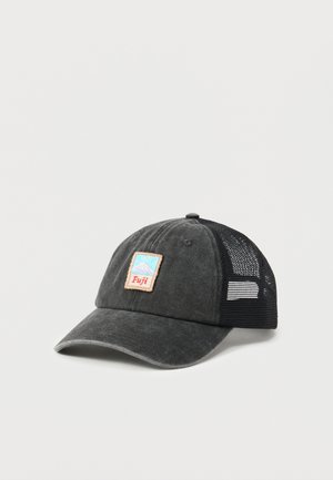 Sort baseballkasket med net, buet skygge og et syet mærke foran, der viser Mount Fuji og ordet "Fuji".