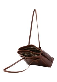 Borsa a tracolla in pelle marrone con due scomparti, fodera interna a quadretti e lunghe cinghie piatte. Presenta dettagli cuciti lungo i bordi.