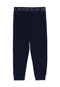 Pantaloni della tuta blu navy realizzati in tessuto morbido, con vita elastica a trama e polsini svasati alle caviglie.