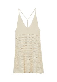 Débardeur en maille crochet de couleur crème, présentant un profond décolleté en V, des bretelles fines et ajustables, ainsi qu'un ourlet festonné avec un motif ajouré.