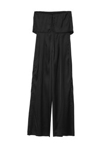 Black wide-leg jumpsuit made of satin fabric, featuring an off-shoulder neckline and side zipper closure for ease of wear.