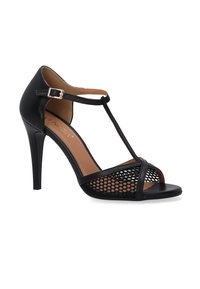 Sorte højhælede sandaler med T-strop design, der har mesh-detaljer og en glat læderfinish. Åben tå med en slank stiletto hæl.
