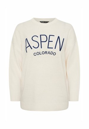 Suéter color crema, textura de punto, escote redondo, hombros caídos, "ASPEN COLORADO" bordado en azul marino en la parte delantera.