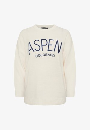 Suéter color crema, textura de punto, escote redondo, hombros caídos, "ASPEN COLORADO" bordado en azul marino en la parte delantera.