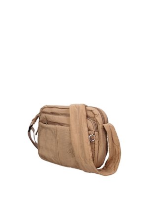 Borsa a tracolla marrone chiaro con più tasche con cerniera e tracolla larga regolabile.