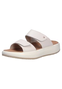 Sandalias de piel blanca con dos correas ajustables, una plantilla acolchada y una suela ligera y texturizada para un mejor agarre.