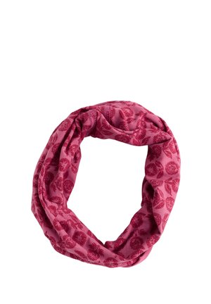 Cache-cou en tissu rose avec un motif de fleurs rose foncé, présenté en forme circulaire et pliée sur fond blanc.