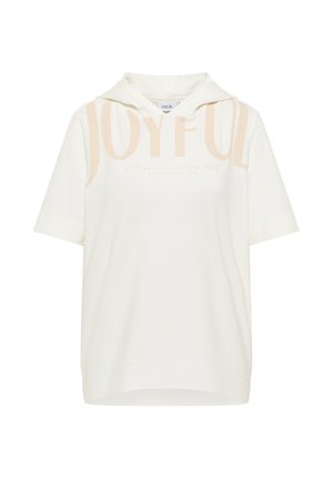 White short-sleeve hoodie with a large "JOYFUL" print in light beige. Features a drawstring hood and is made of soft cotton fabric.