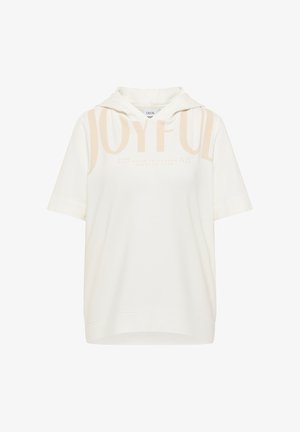 Witte hoodie met korte mouwen en een grote "JOYFUL" print in lichtbeige. Voorzien van een trekkoordcapuchon en gemaakt van zachte katoenen stof.
