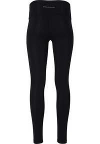 Leggings sportivi neri in tessuto morbido ed elastico. Vita alta e design aderente, adatti a diverse attività. Nessun motivo o accentuazione visibile.