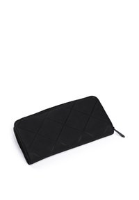 Black wallet with a quilted diamond pattern, made of synthetic material, featuring a zipper closure and a slim rectangular shape.