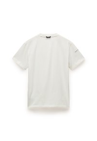 T-shirt a maniche corte in cotone crema. Presenta un colletto rotondo, un fit rilassato e un dettaglio del logo del marchio sulla manica sinistra. Texture liscia.