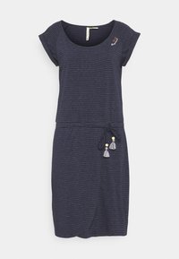 Marinrandig klänning med korta ärmar, rund halsringning, åtdragen midja med snörning och dekorativa tofsar. Tillverkad av mjukt, elastiskt tyg.