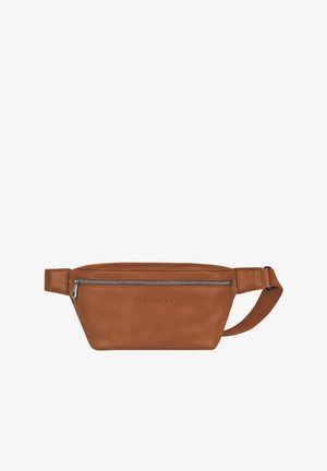 Brown leather fanny pack with a textured surface, a front zipper pocket, and an adjustable strap featuring branding embossed on the front.