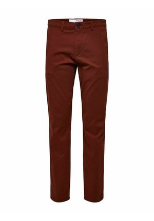 Slim-fit bruine katoenen chinos met knoopsluiting, vijf zakken en riemlussen. Soepele textuur en rechte pijpen.