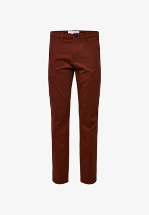 Slim-fit, brown cotton chinos with a button closure, five pockets, and belt loops. Smooth texture and straight leg design.