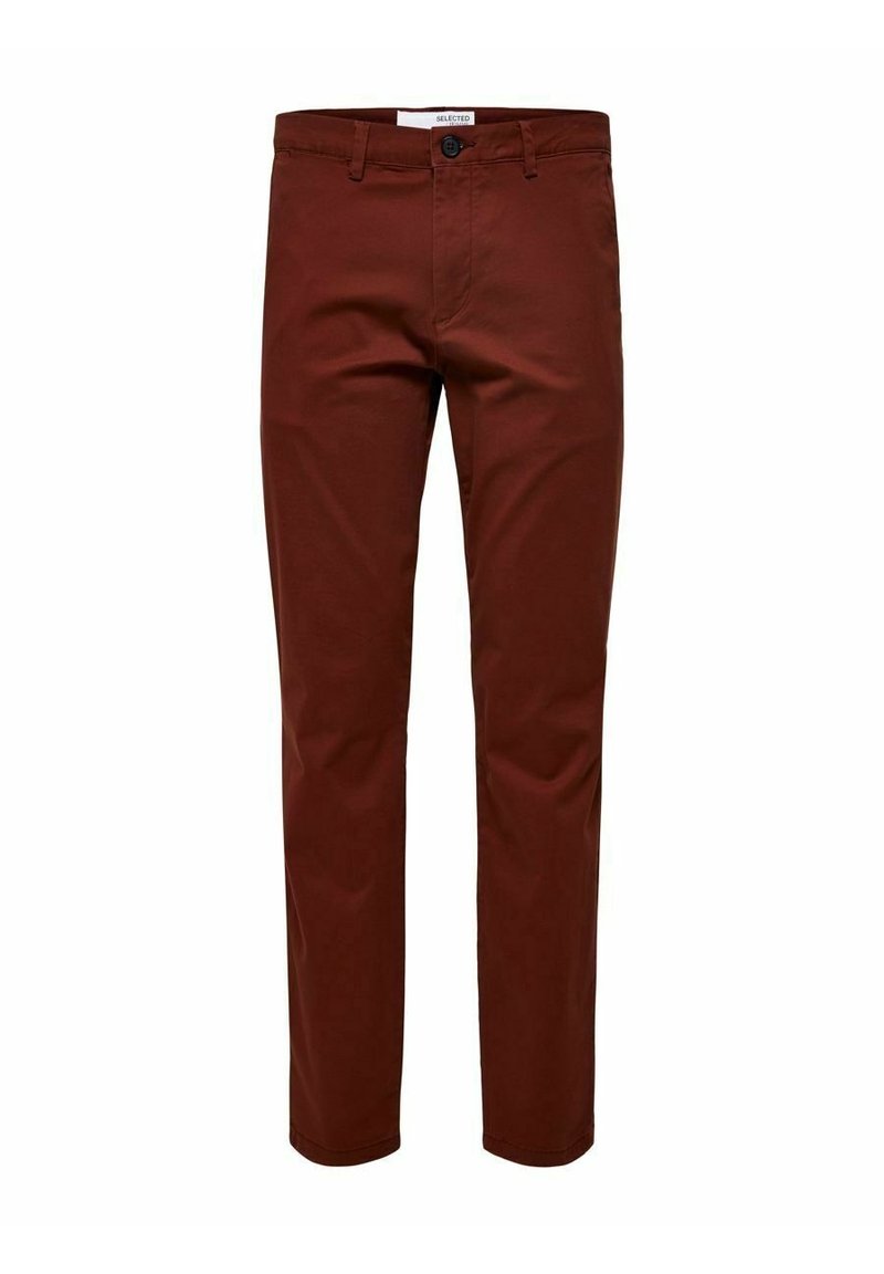Chinos marron en coton coupe slim avec fermeture à bouton, cinq poches et passants pour ceinture. Texture lisse et coupe droite des jambes.