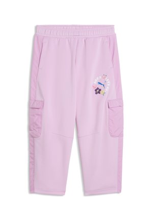 Pantaloni cargo corti viola chiaro con vita elastica, tasche laterali e dettaglio del logo floreale sulla coscia destra.