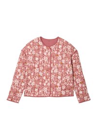 Giacca trapuntata floreale in morbido rosa con motivi floreali bianchi e gialli, scollatura tonda e maniche lunghe. Presenta una texture cucita e hardware minimal.