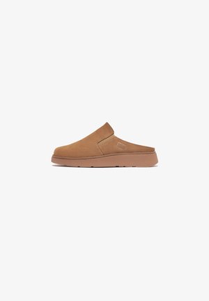 Brown suede slip-on shoes with a rounded toe, low rubber sole, and minimal stitching. Smooth texture, no visible hardware or patterns.