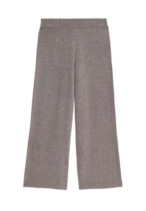 Pantaloni larghi in maglia grigia con vita elastica, parte anteriore piatta e vestibilità rilassata, esposti su uno sfondo bianco.