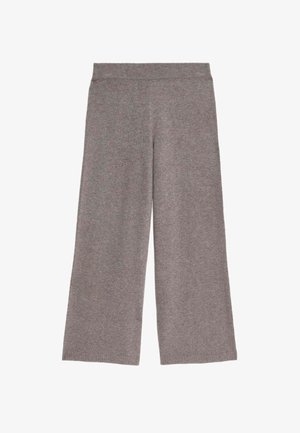 Pantaloni larghi in maglia grigia con vita elastica, parte anteriore piatta e vestibilità rilassata, esposti su uno sfondo bianco.