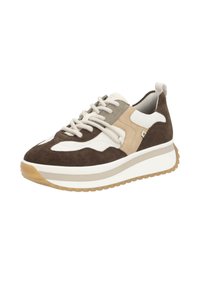 Brown and beige sneaker with suede and leather materials, rounded toe, padded tongue, contrasting white and beige accents, and a textured sole.