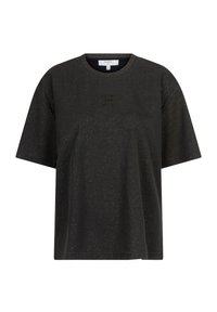 Zwarte, loszittende t-shirt met korte mouwen, met subtiele sprankeltjes en een reliëflogo op de voorkant. Zachte stoftextuur.