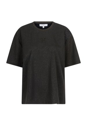 Zwarte, loszittende t-shirt met korte mouwen, met subtiele sprankeltjes en een reliëflogo op de voorkant. Zachte stoftextuur.