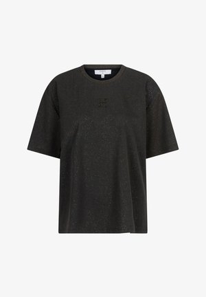 Zwarte, loszittende t-shirt met korte mouwen, met subtiele sprankeltjes en een reliëflogo op de voorkant. Zachte stoftextuur.