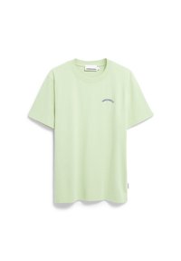 Lichtgroene t-shirt met korte mouwen van katoen, met een blauw geborduurd logo boven het linkerbovenborstgebied.