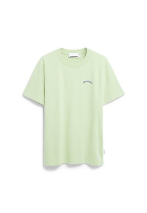 Lichtgroene t-shirt met korte mouwen van katoen, met een blauw geborduurd logo boven het linkerbovenborstgebied.