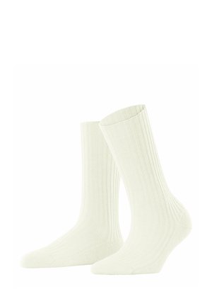 Crème-kleurige geribde sokken met een middellange lengte, voorzien van een zachte textuur en een ronde teen, geschikt voor casual gebruik.
