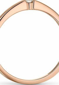 Ring aus Roségold mit einem eleganten, geschwungenen Design und polierter Oberfläche, der oben in der Mitte mit einem einzelnen runden Diamanten akzentuiert ist.