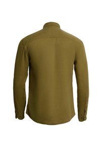 Olive green long-sleeve shirt with buttoned cuffs, viewed from the back, featuring a standard collar and straight hem.