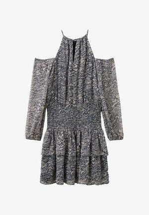 Mini haljina s dugim rukavima hladnog ramena s apstraktnim uzorkom u mornarsko plavoj i bijeloj boji, stegnuti struk, slojeviti donji dio i detalj vezanja oko vrata u stilu haltera.