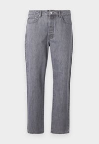 Grå denimjeans med rett ben-design, fem lommer, knappelukking og subtilt slitt effekt på stoffets tekstur.