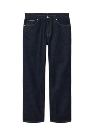 Dark indigo denim jeans featuring a straight fit, front pockets, and contrasting stitching. Classic design with a button closure and belt loops.
