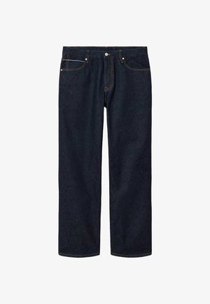 Dżinsy w ciemnym kolorze indygo o prostym kroju, z przednimi kieszeniami i kontrastowymi przeszyciami. Klasyczny design z zapięciem na guziki i szlufkami na pasek.