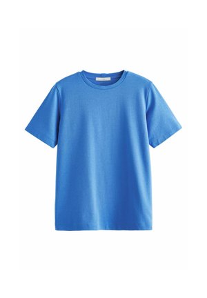Blaues Baumwoll-T-Shirt mit kurzen Ärmeln, rundem Halsausschnitt und glatter Textur. Keine Muster oder Verzierungen sichtbar.