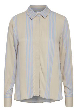 Langærmet skjorte i beige stof med vertikale blå striber, prydet med klassisk krave og knaplukning foran. Glat tekstur, skræddersyet design.