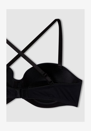 Reggiseno nero con ferretto e coppe removibili, realizzato in tessuto morbido e testurizzato, con spallacci incrociati e chiusura a gancetto, progettato per supporto e comfort.