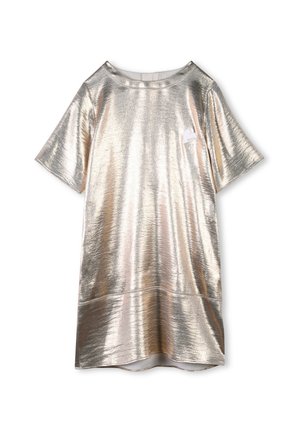 Metallic silver short-sleeve dress made of reflective fabric. Features a round neckline and a small logo on the chest. Smooth texture.