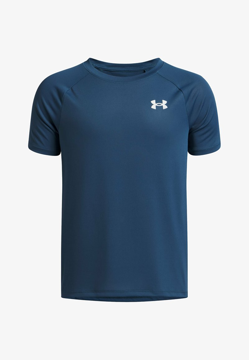 T-shirt de sport bleu marine à manches courtes avec col rond et petit logo blanc Under Armour sur le côté gauche de la poitrine.