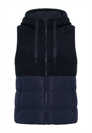 Gilet sans manches bleu marine avec capuche, fermeture éclair à l'avant, capuche avec cordon de serrage, section supérieure en polaire et section inférieure matelassée avec poches zippées.