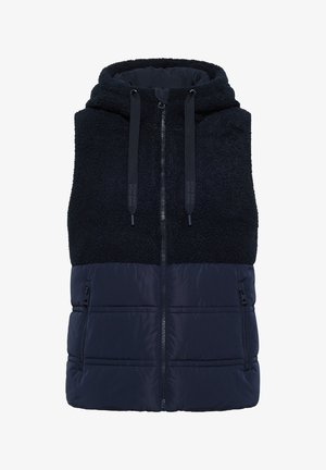 Mouwloos marineblauw hooded vest met rits aan de voorkant, trekkoordcapuchon, fleece bovenstuk en gevoerd onderstuk met geperforeerde zakken.